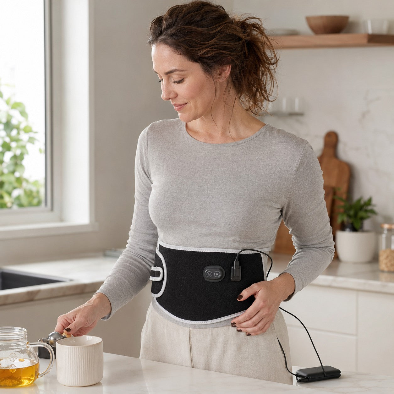 Woman wearing the HeatEase heated belt while working in the kitchen