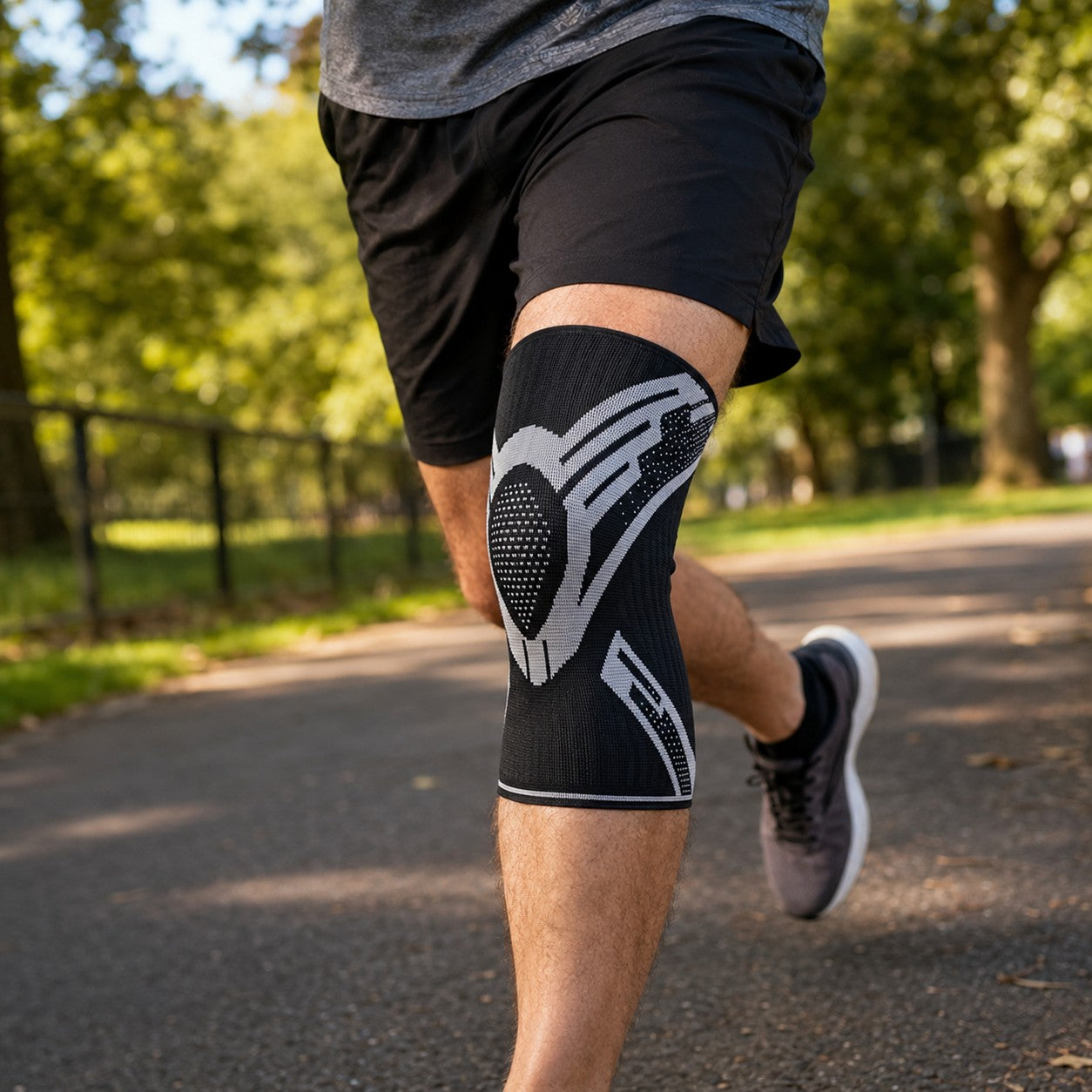 Running outdoors wearing the white KneeGuard knee sleeve