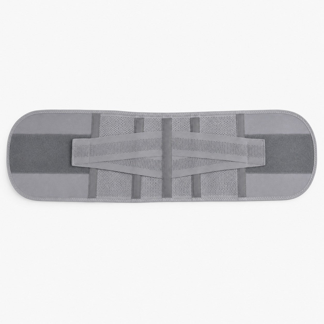 LumbarEase back support belt laid flat showing the lumbar panel