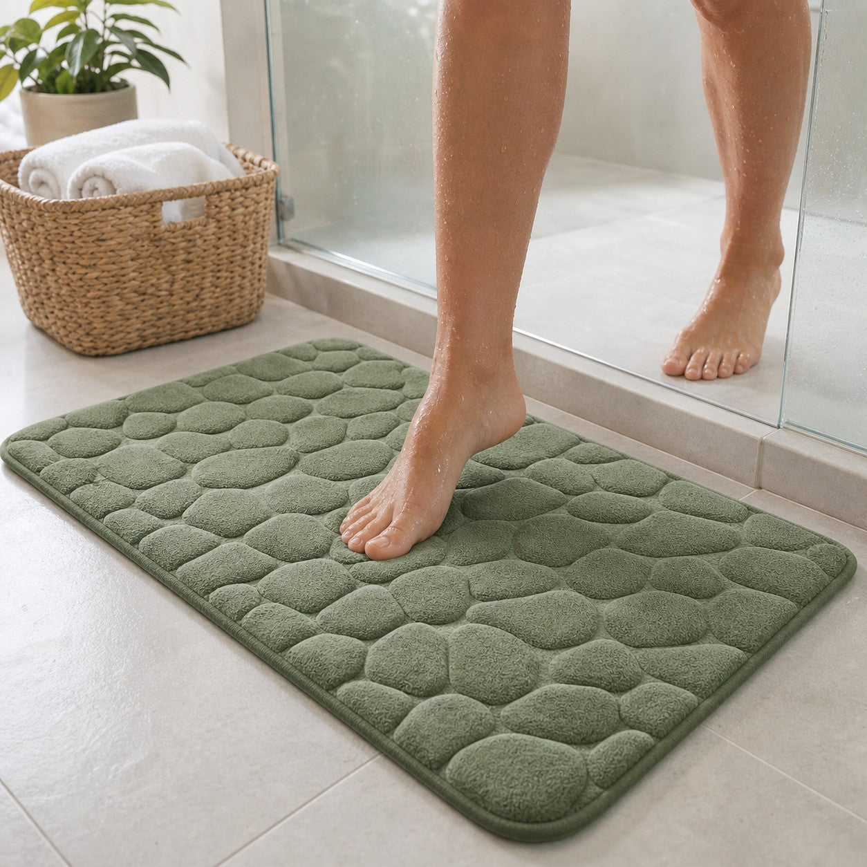 Standing on the green NoSlip bath mat