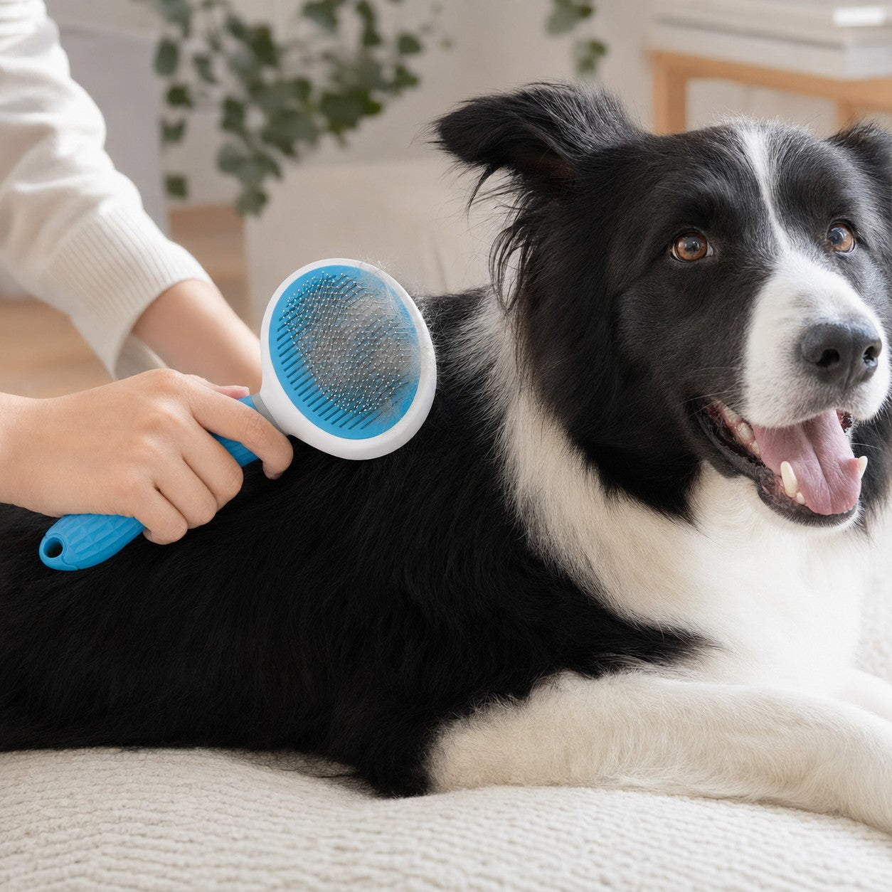 Grooming a border collie with the blue PurrGroom brush