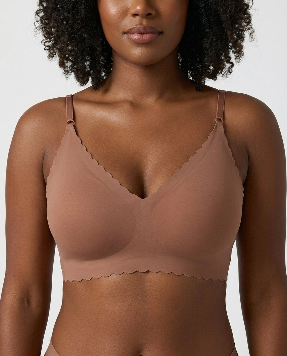 Sora Scalloped V Neck Bralette Brown Front Close Detail