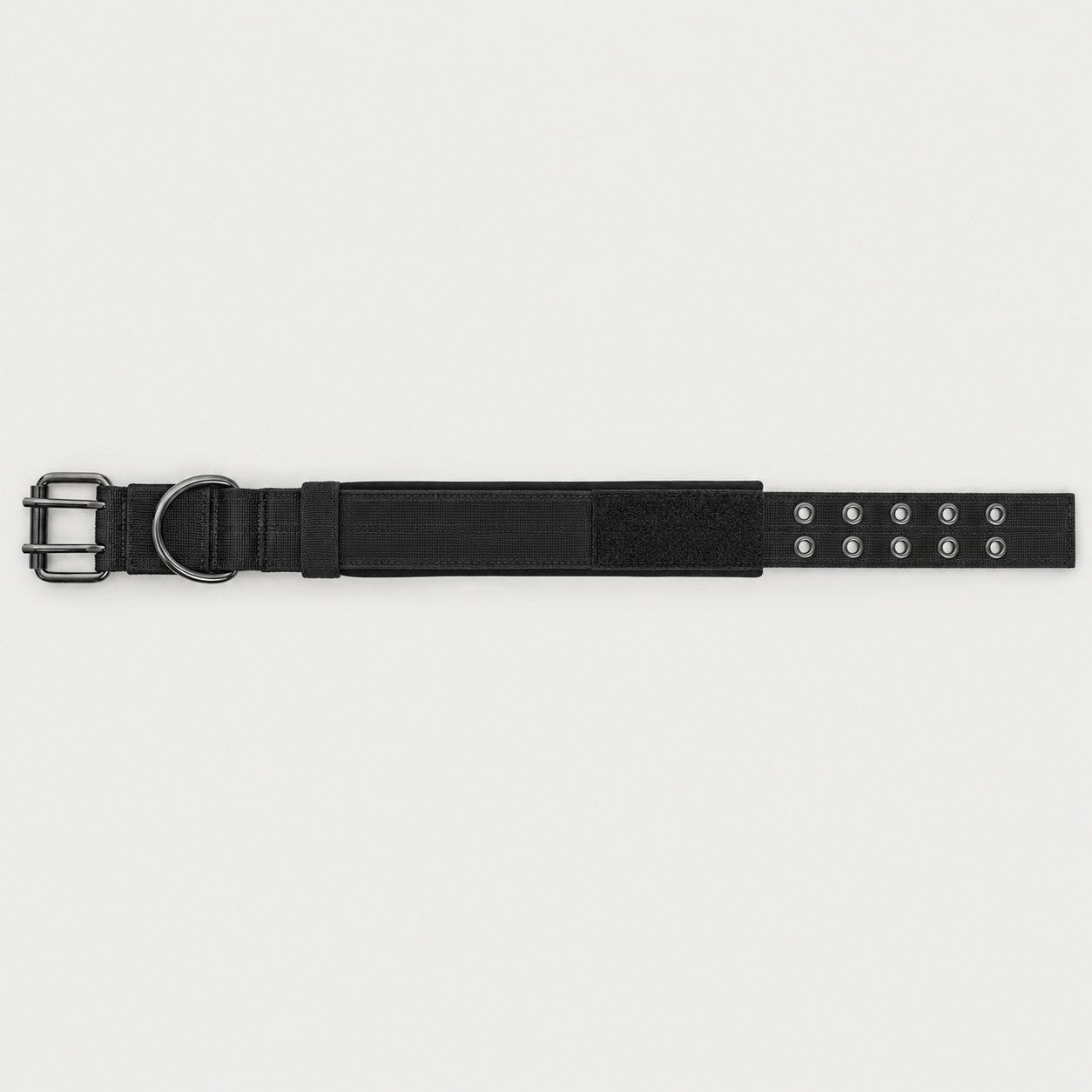 Tactical dog collar laid flat showing the double-pin buckle