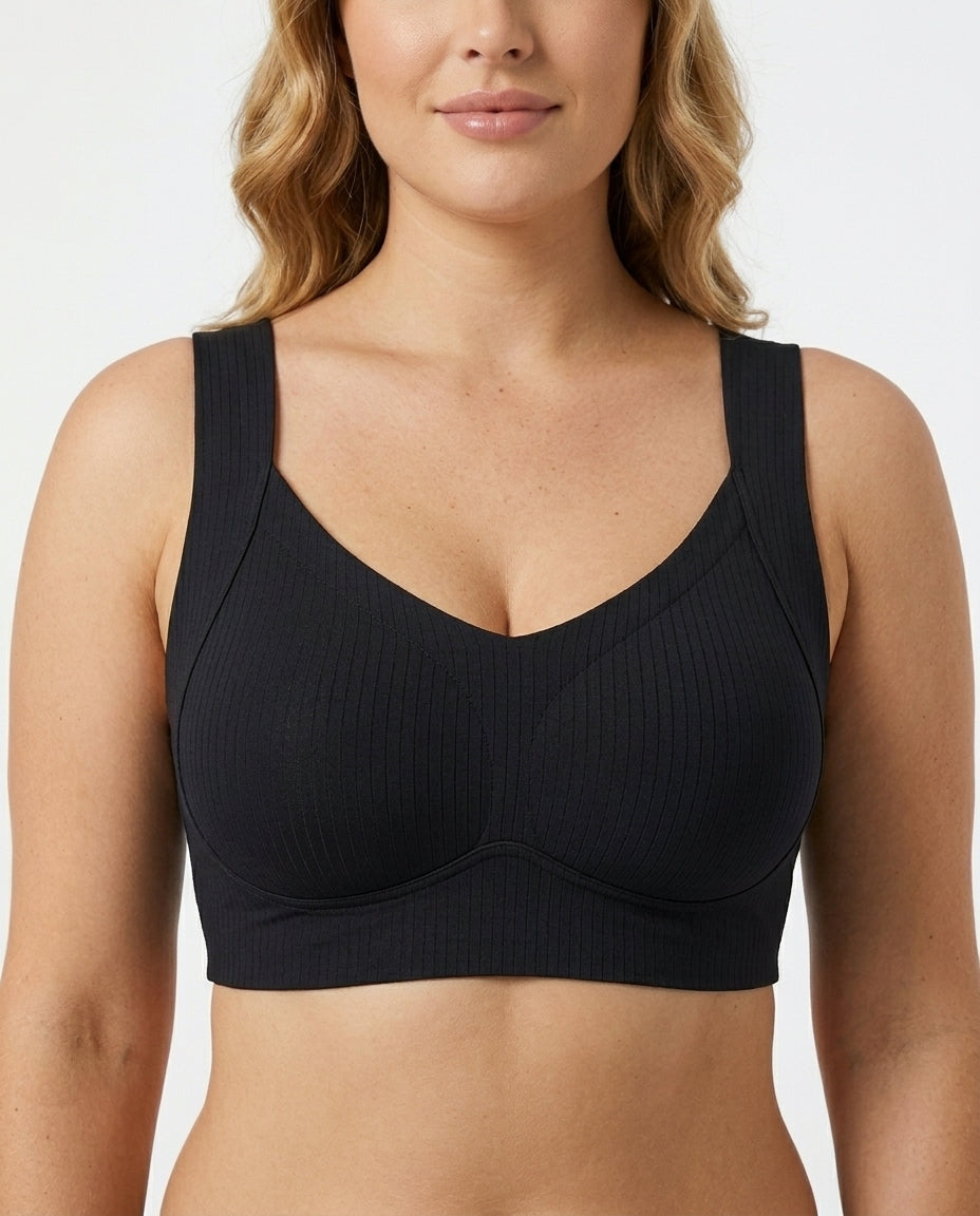 Alba Ribbed Wide Strap Comfort Bra Black Front Close Product Detail