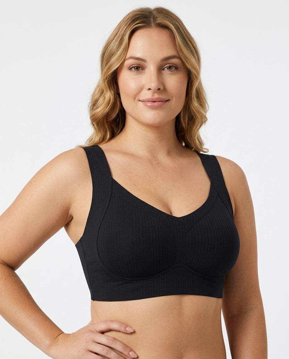 Alba Ribbed Wide Strap Comfort Bra Black Hero Front New Zealand model
