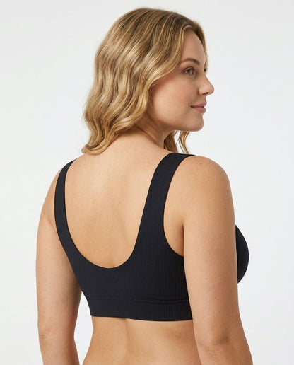 Alba Ribbed Wide Strap Comfort Bra Black Side Back Scoop Back Strap Detail