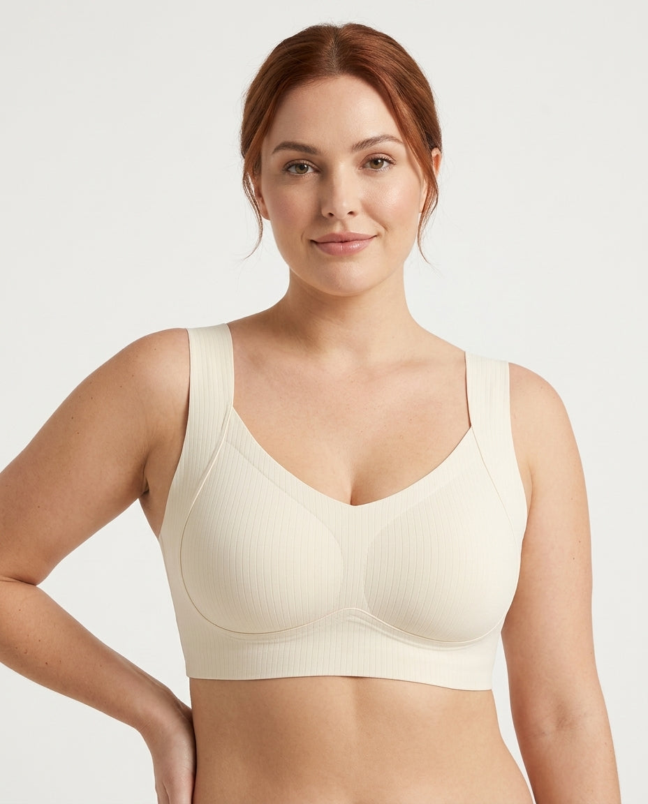 Alba Ribbed Wide Strap Comfort Bra Ivory Cream Hero Front New Zealand model