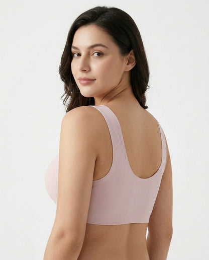 Alba Ribbed Wide Strap Comfort Bra Soft Pink Side Back Scoop Back Strap Detail