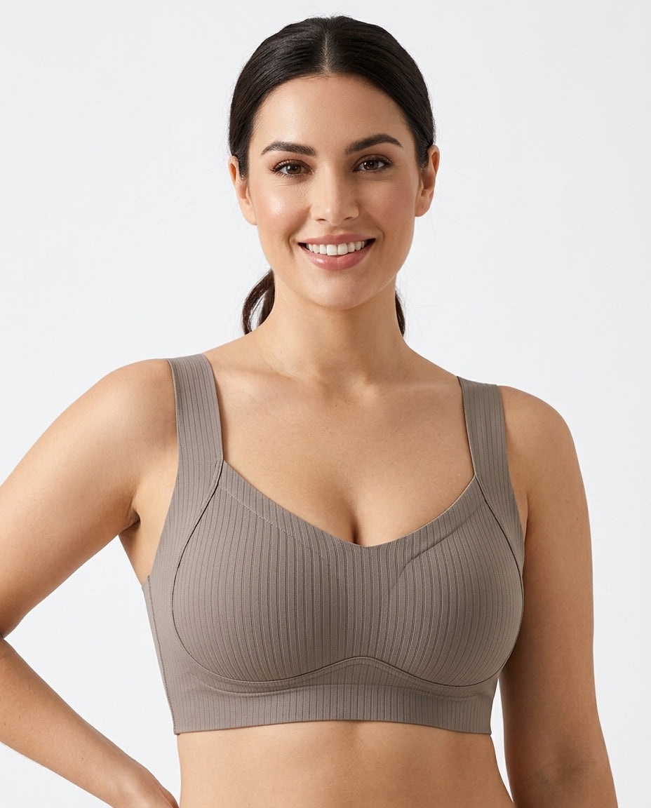 Alba Ribbed Wide Strap Comfort Bra Taupe Gray Hero Front New Zealand model