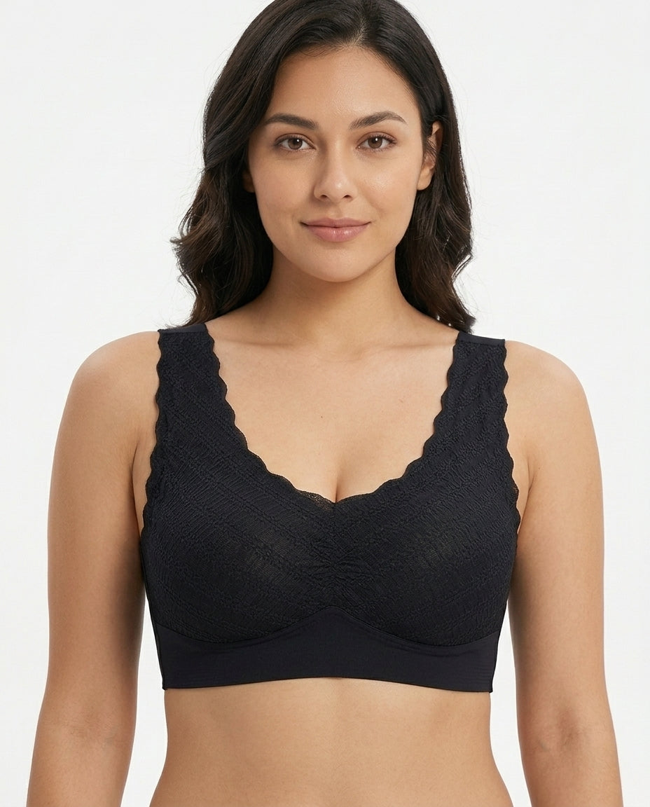 Amara Lace V Neck Comfort Bra Black Front Close Product Detail