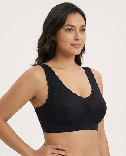 Amara Lace V Neck Comfort Bra Black Side Front Lace Strap Detail
