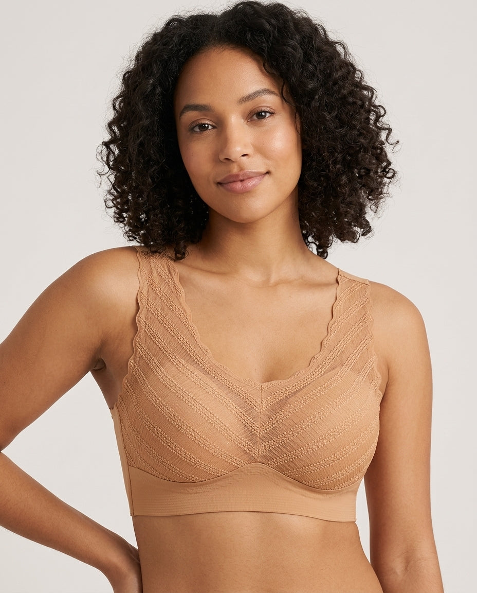 Amara Lace V Neck Comfort Bra Caramel Tan Hero Front Model