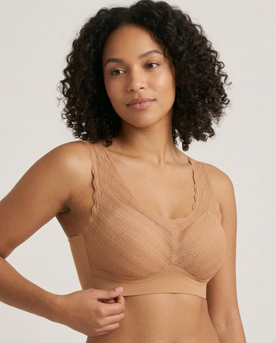 Amara Lace V Neck Comfort Bra Caramel Tan Side Front Chevron Lace Detail