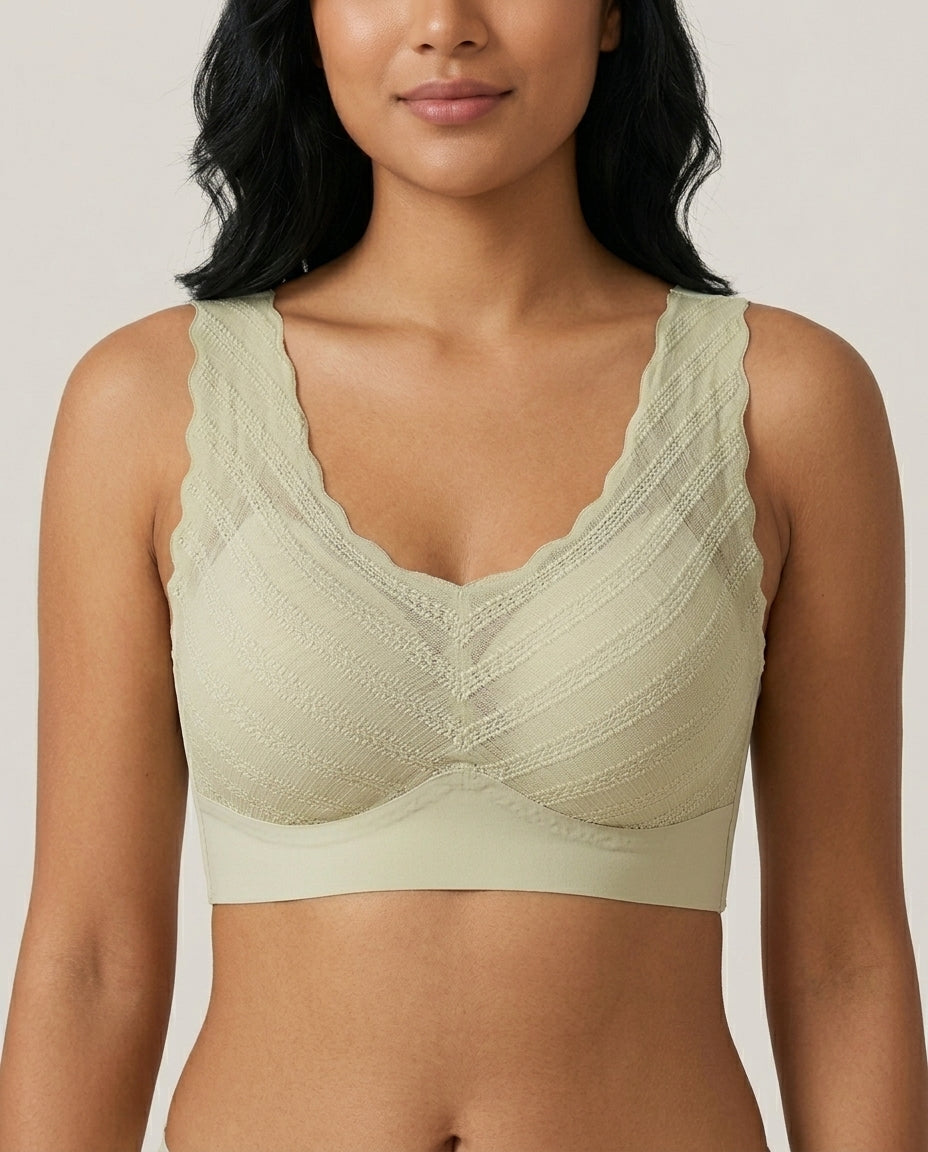 Amara Lace V Neck Comfort Bra Pale Sage Front Close Product Detail