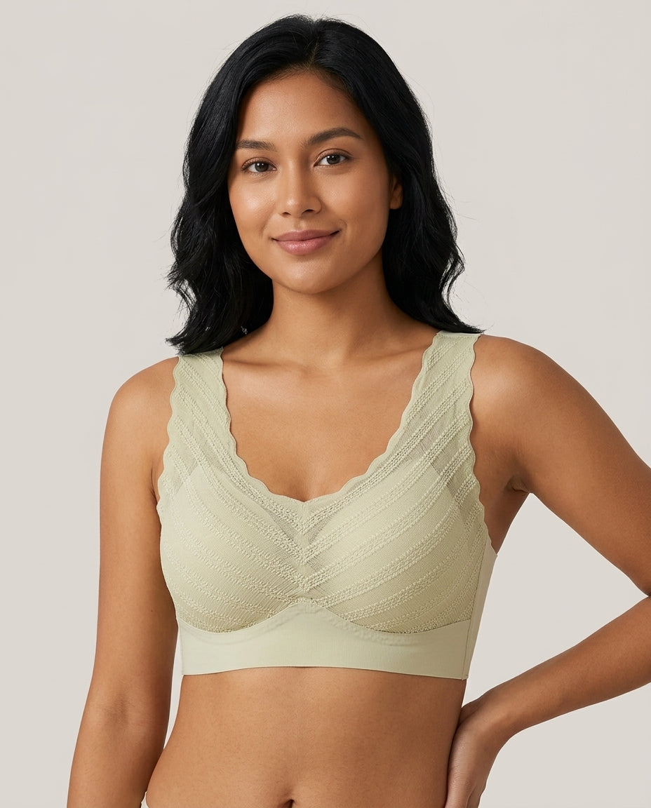 Amara Lace V Neck Comfort Bra Pale Sage Hero Front Model