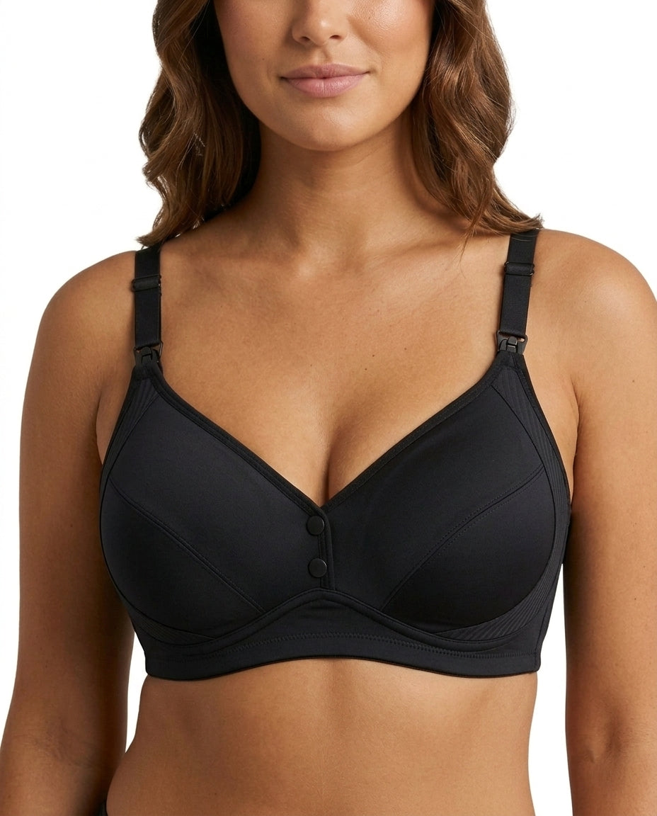 Anna Front Button Wirefree Nursing Bra Black Front Close Product Detail