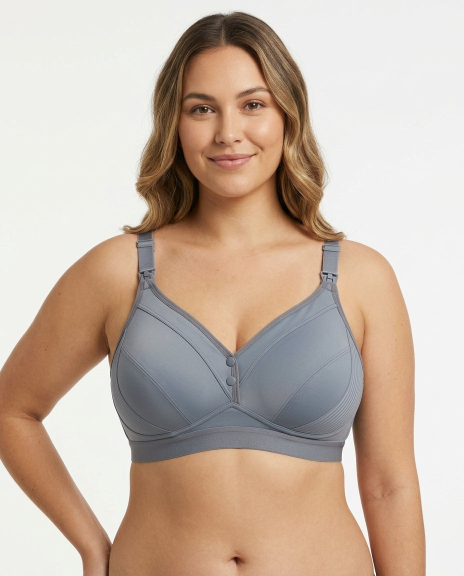 Anna Front Button Wirefree Nursing Bra Steel Grey Hero Front Model