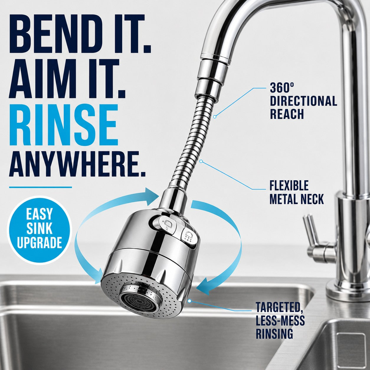 Bend it, aim it, rinse anywhere with 360 degree directional reach