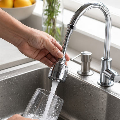 Filling a glass with the AquaSwivel faucet extender