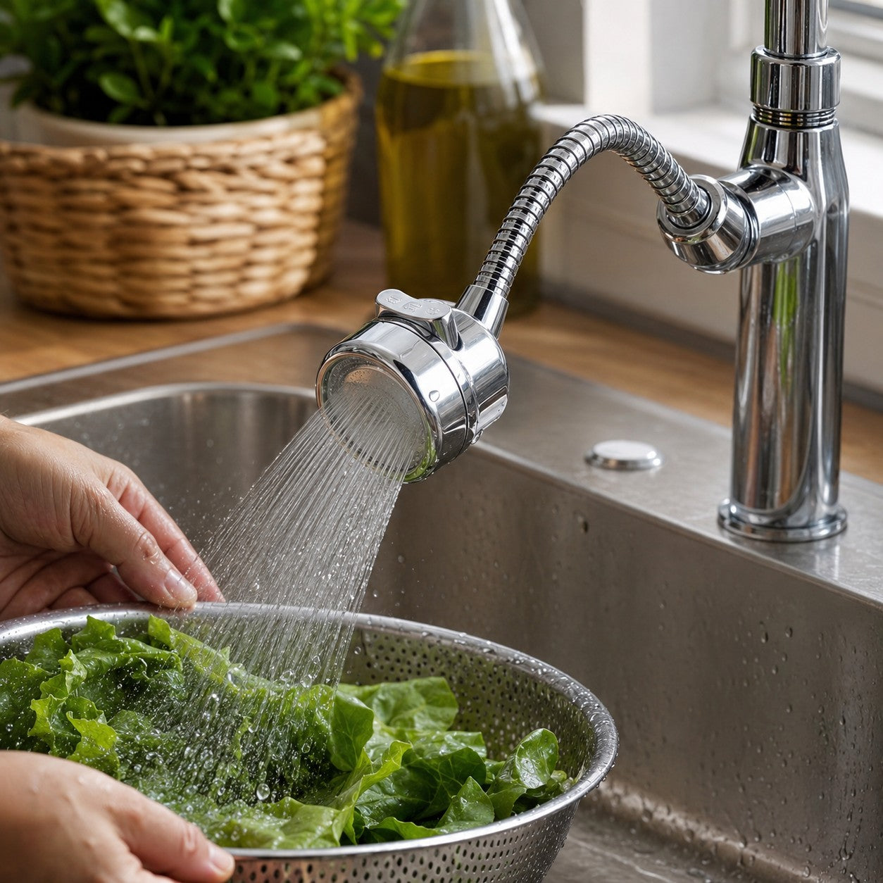 Rinsing vegetables with the AquaSwivel faucet extender