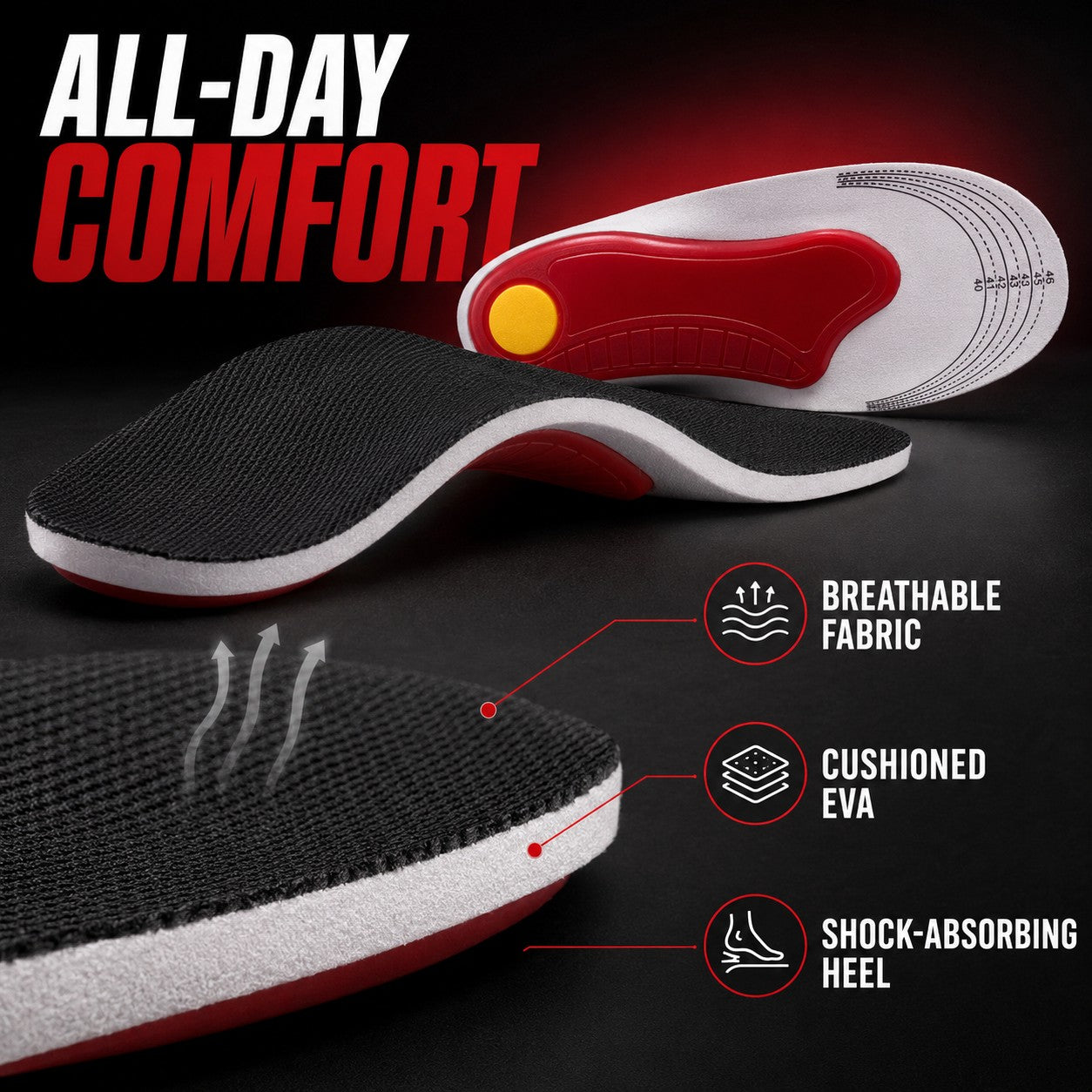 All-day comfort with breathable fabric, cushioned EVA and shock-absorbing heel