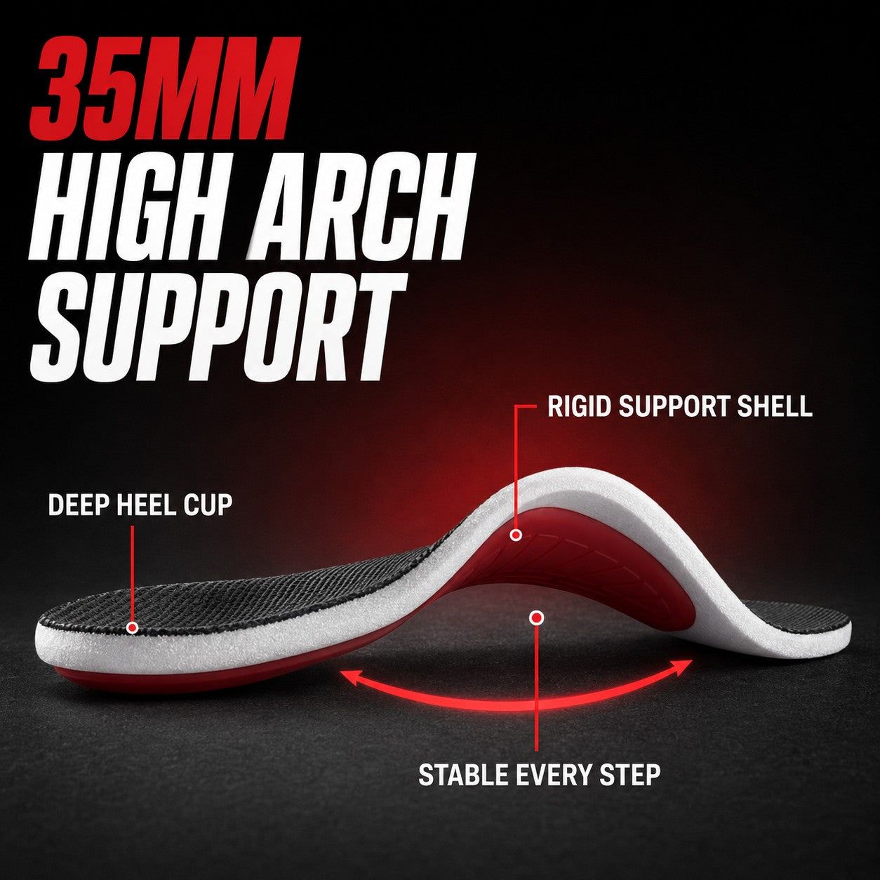 35mm high arch support with rigid shell and deep heel cup