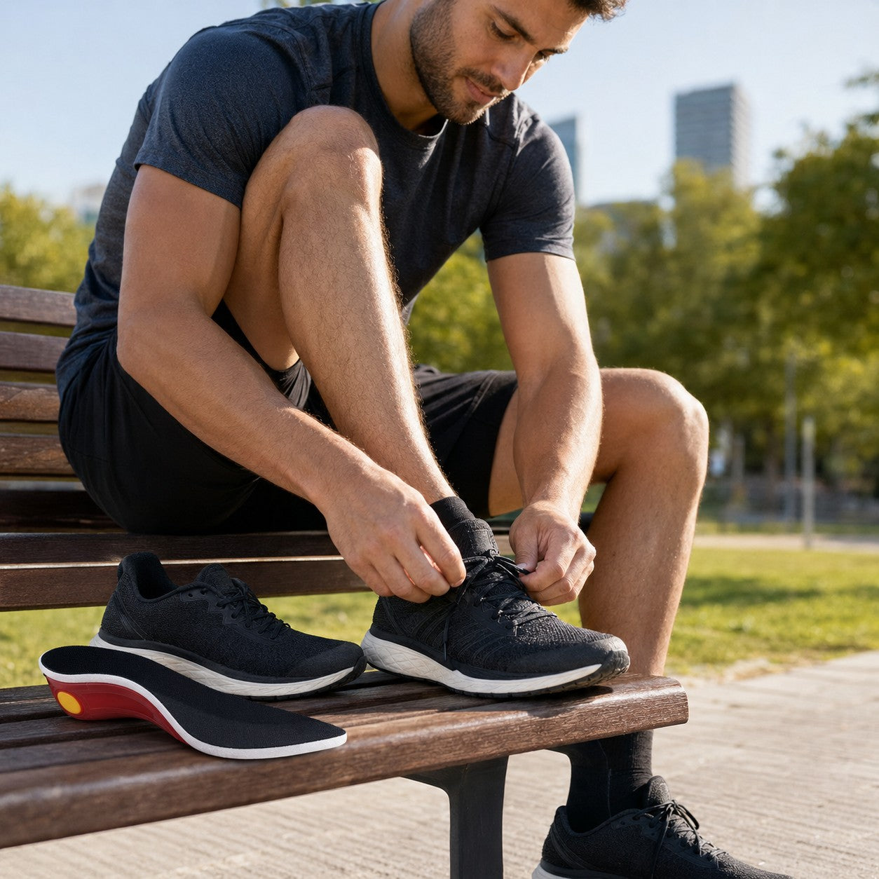 Man lacing shoes fitted with ArchFlex insoles