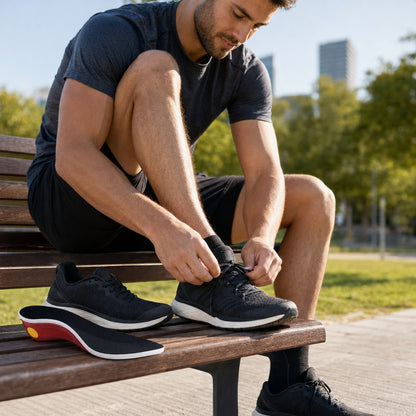 Man lacing shoes fitted with ArchFlex insoles