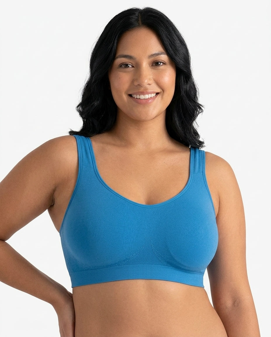 Arielle Wirefree Sleep Bra Ocean Blue Hero Front Model