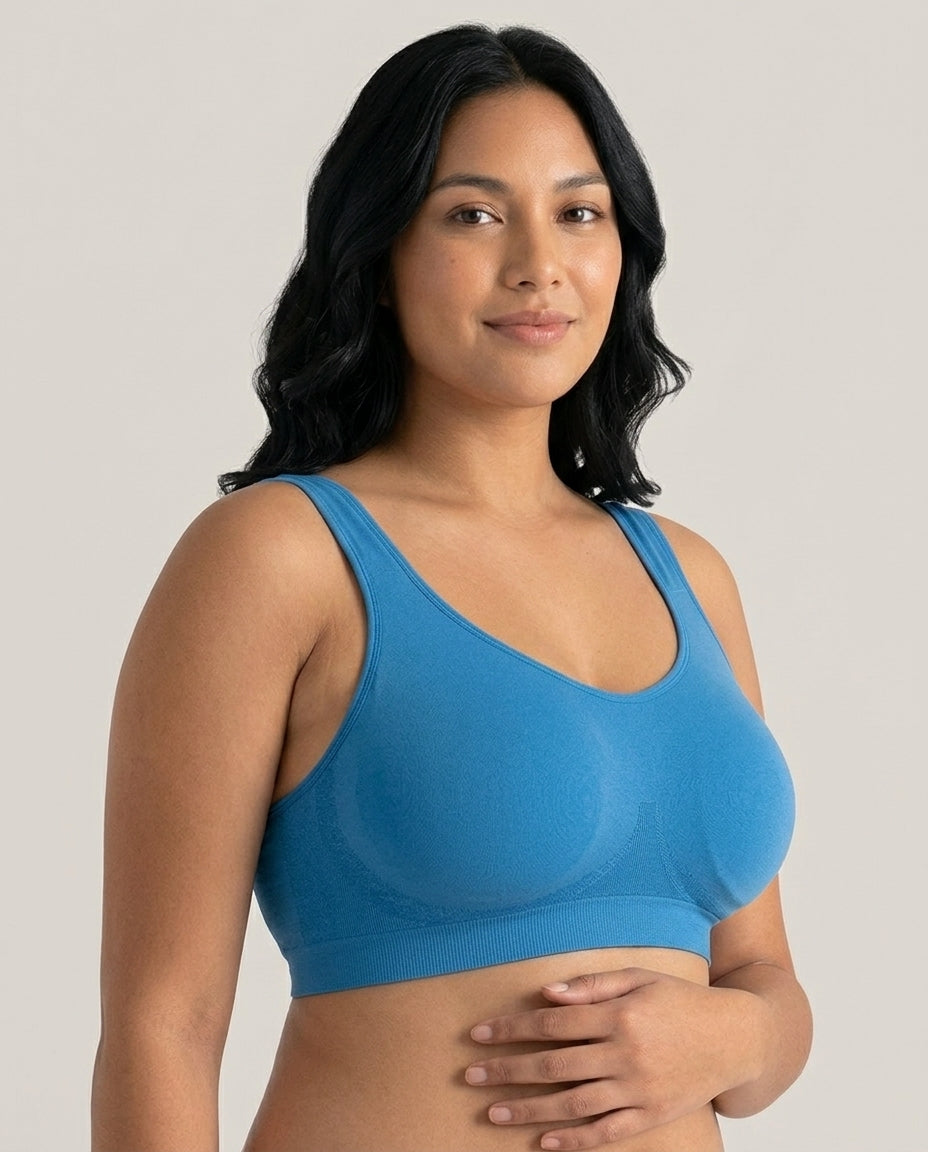 Arielle Wirefree Sleep Bra Ocean Blue Three Quarter Comfort Fit Detail