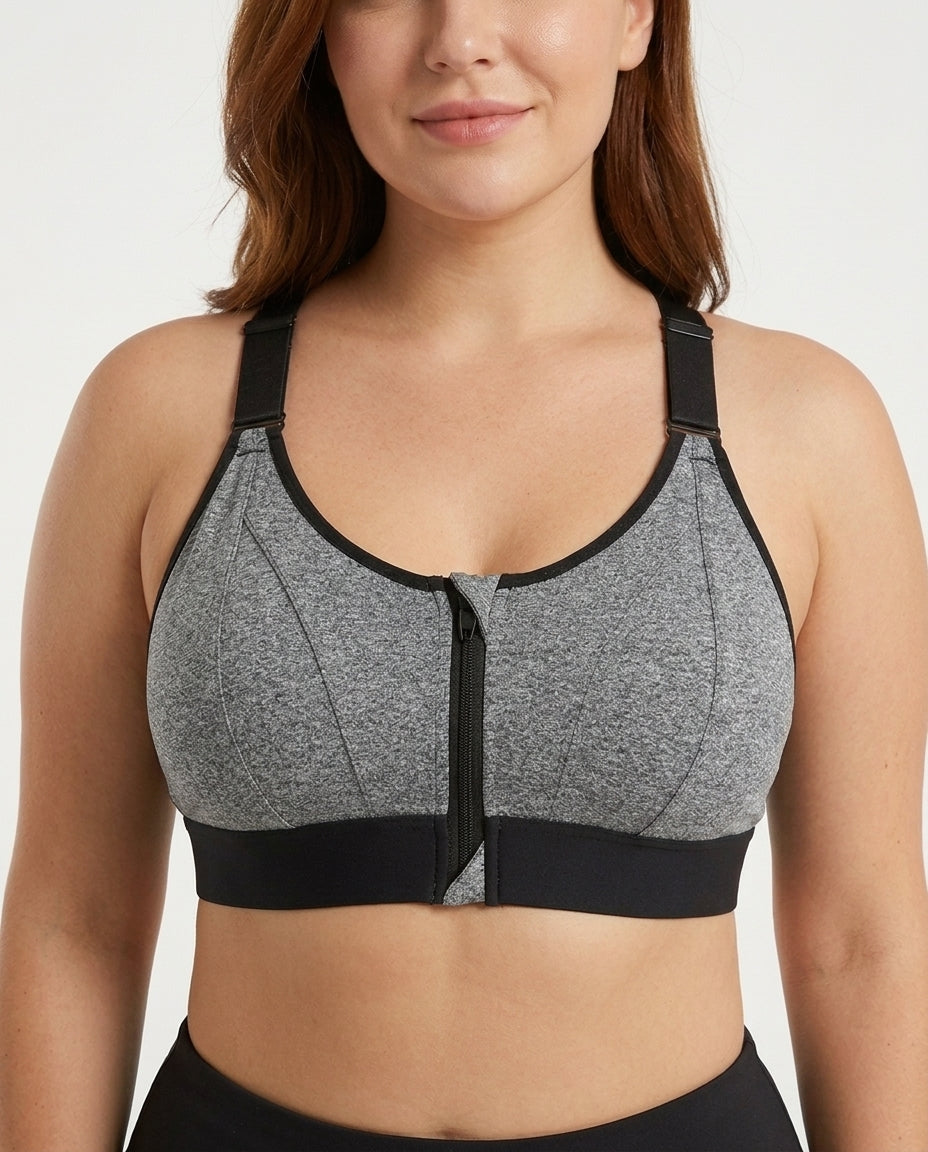Astra Zip Front Running Sports Bra Gray Front Close Product Detail