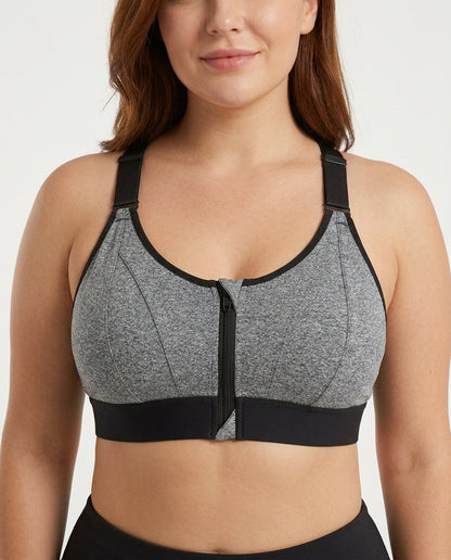 Astra Zip Front Running Sports Bra Gray Front Close Product Detail