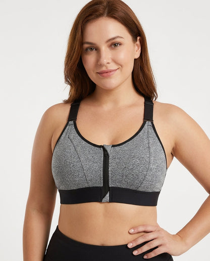 Astra Zip Front Running Sports Bra Gray Hero Front Model