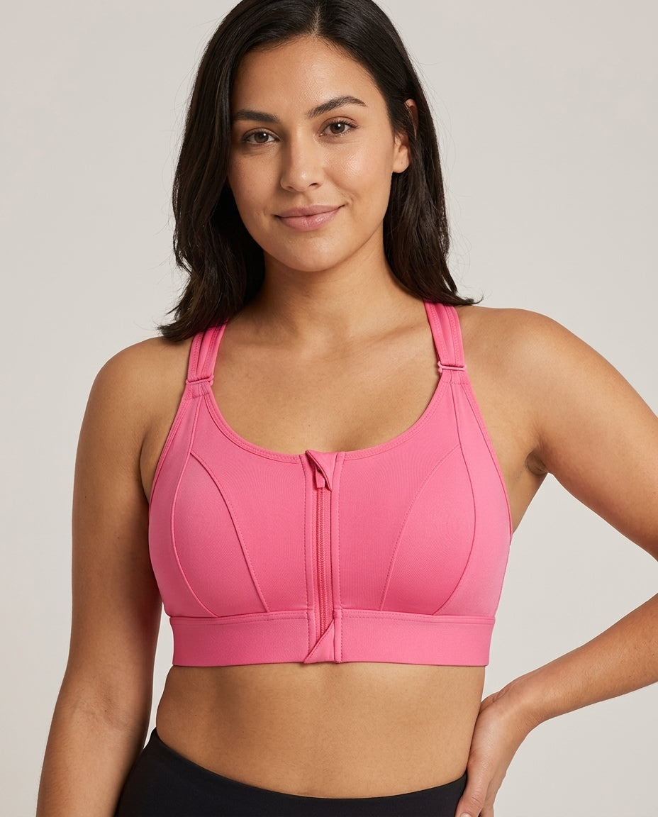 Astra Zip Front Running Sports Bra Mei Red Hero Front Model
