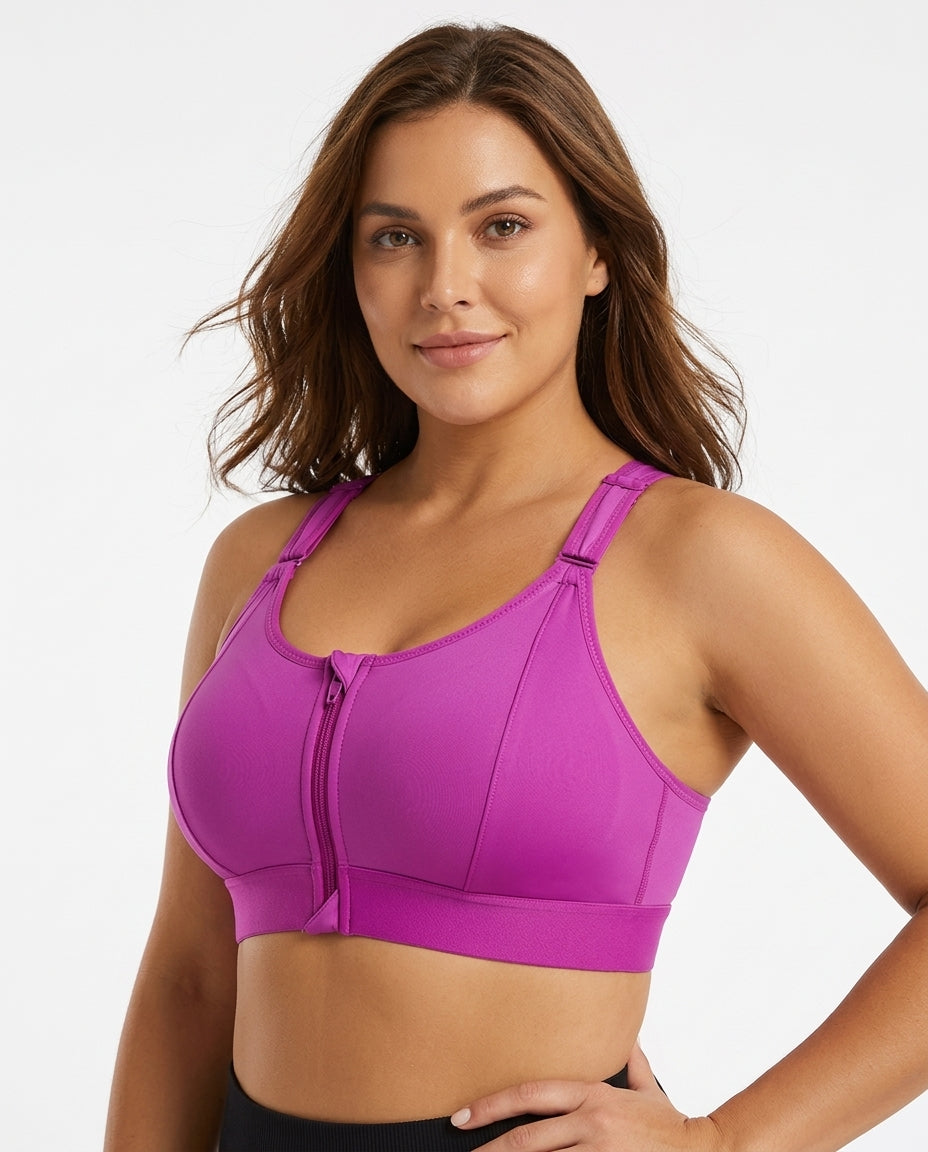 Astra Zip Front Running Sports Bra Purple Magenta Hero Front Model