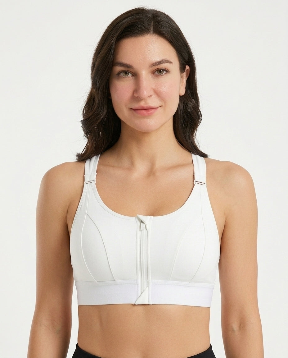 Astra Zip Front Running Sports Bra White Front Close Product Detail