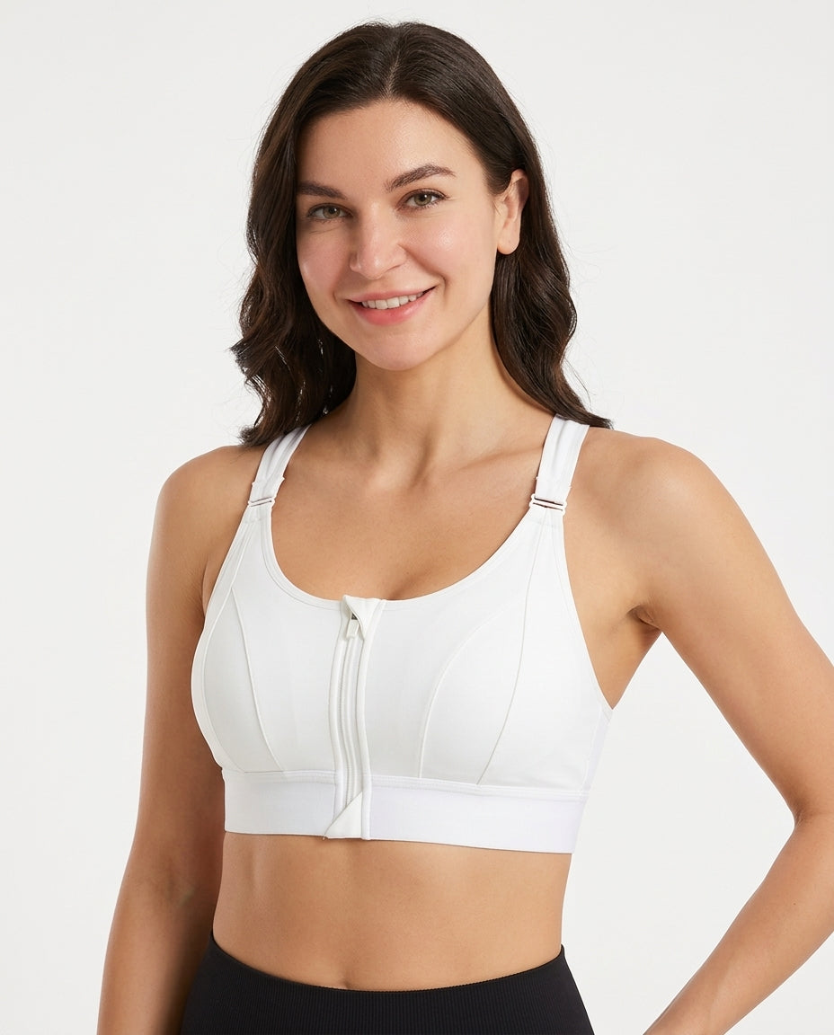 Astra Zip Front Running Sports Bra White Hero Front Model