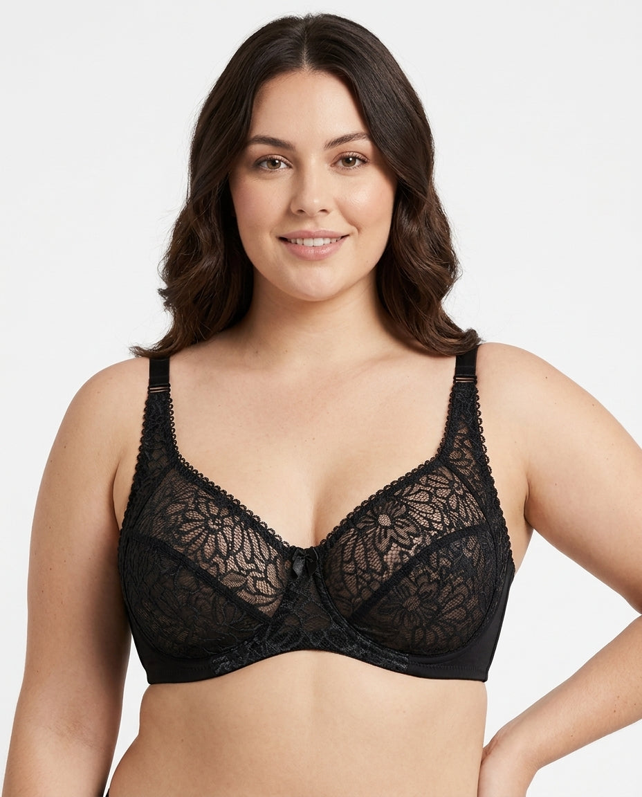 Bianca Floral Underwire Womens Bra Black Hero Front Model