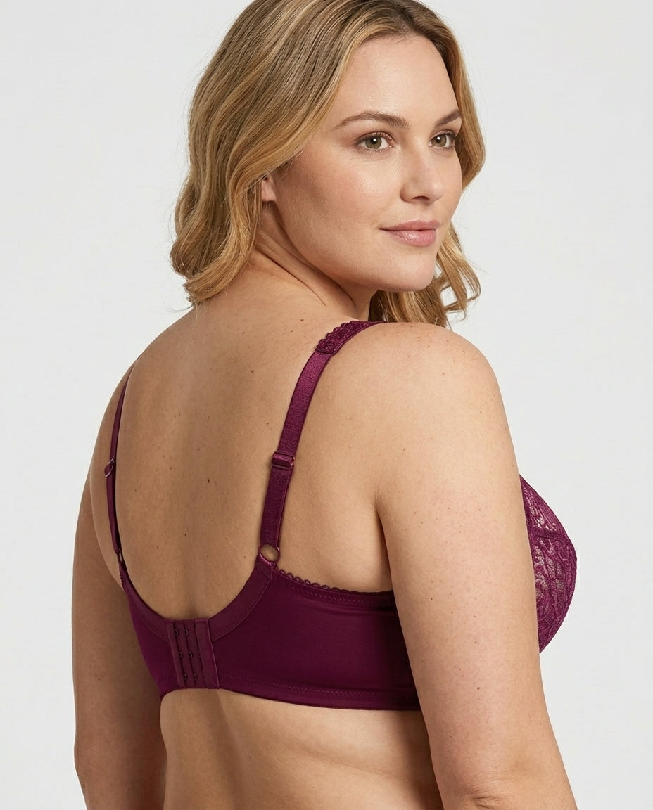 Bianca Floral Underwire Womens Bra Burgundy Side Back Hook Strap Detail