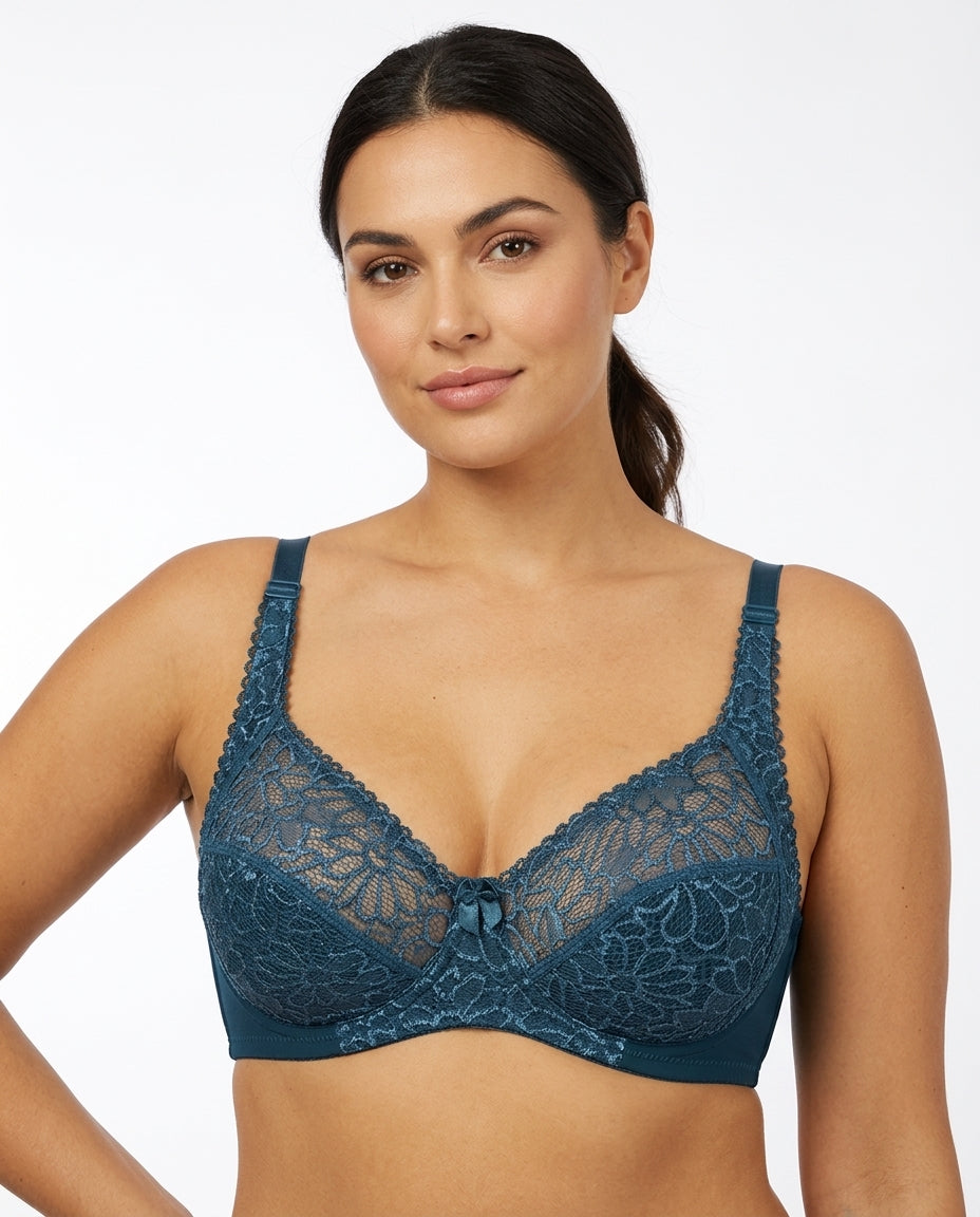 Bianca Floral Underwire Womens Bra Teal Blue Hero Front Model