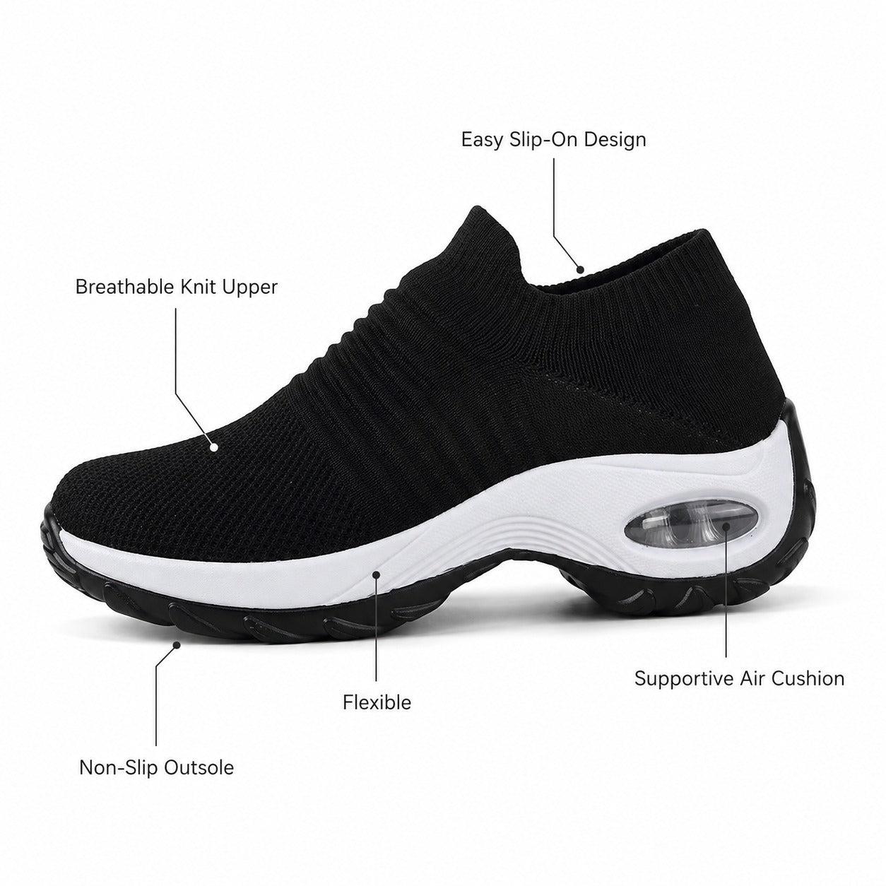 Carestep Non Slip Nursing Shoes For Women Colour Black White Feature Diagram