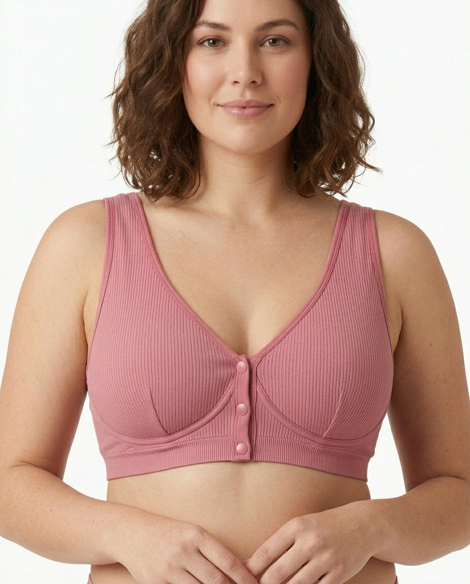 Carla Ribbed Maternity Nursing Bra Dusty Rose Front Close Product Detail