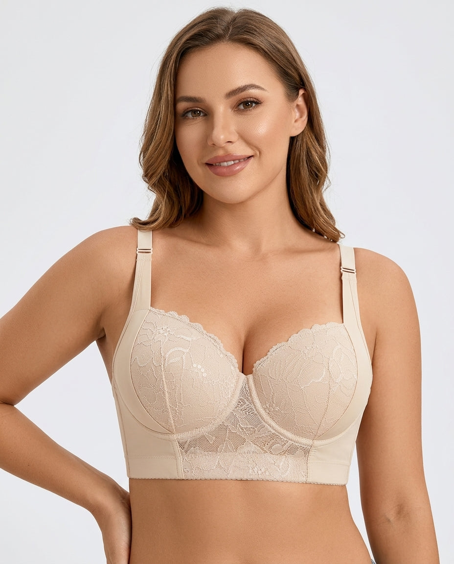 Carmen Five Hook Lace Push Up Bra Ivory Nude Hero Front Model