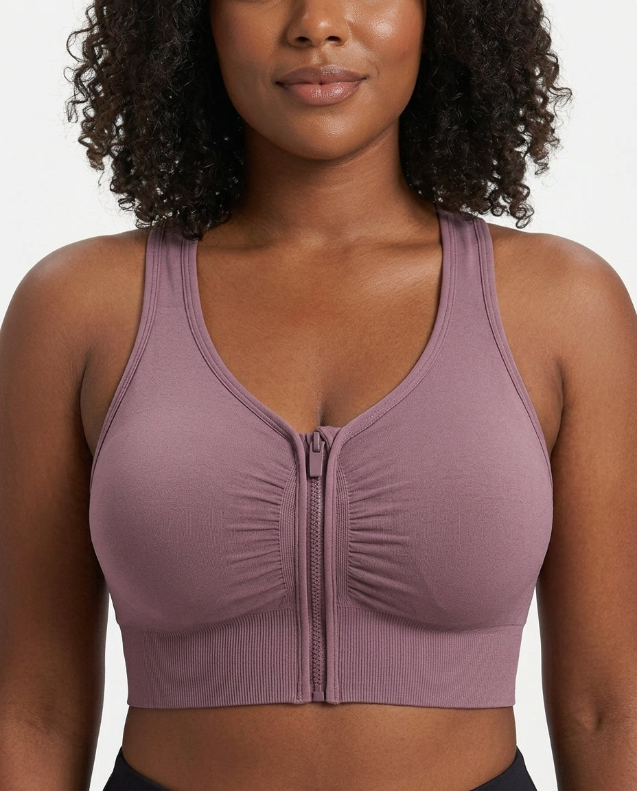 Celeste Ultimate High Impact Sports Bra Mauve Front Zip Detail