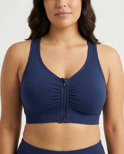 Celeste Ultimate High Impact Sports Bra Navy Front Zip Detail