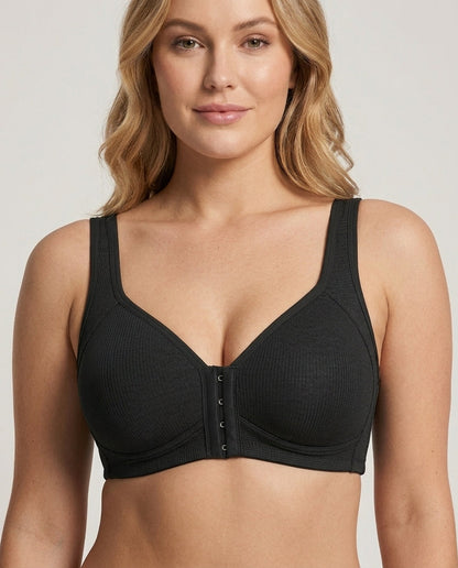 Celia Ribbed Front Hook Support Bra Black Front Close Detail