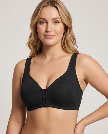 Celia Ribbed Front Hook Support Bra Black Model Front