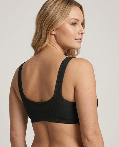 Celia Ribbed Front Hook Support Bra Black U Back Detail