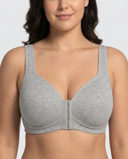 Celia Ribbed Front Hook Support Bra Grey Front Close Detail