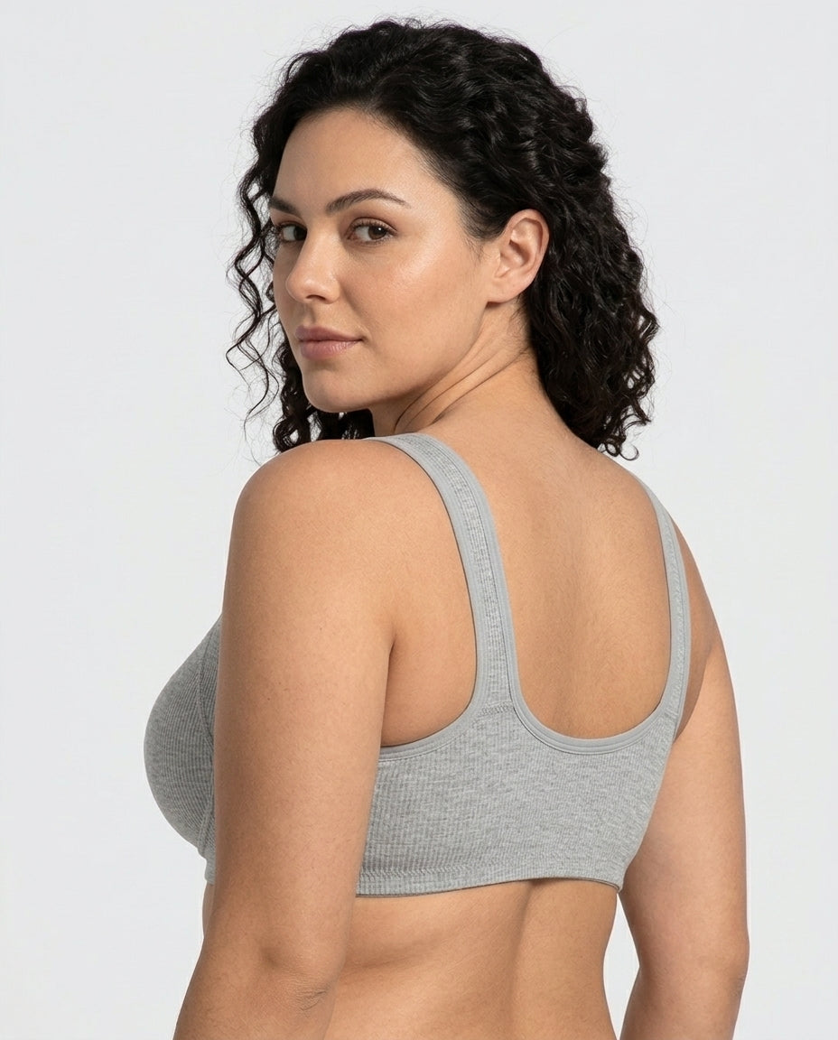 Celia Ribbed Front Hook Support Bra Grey U Back Detail